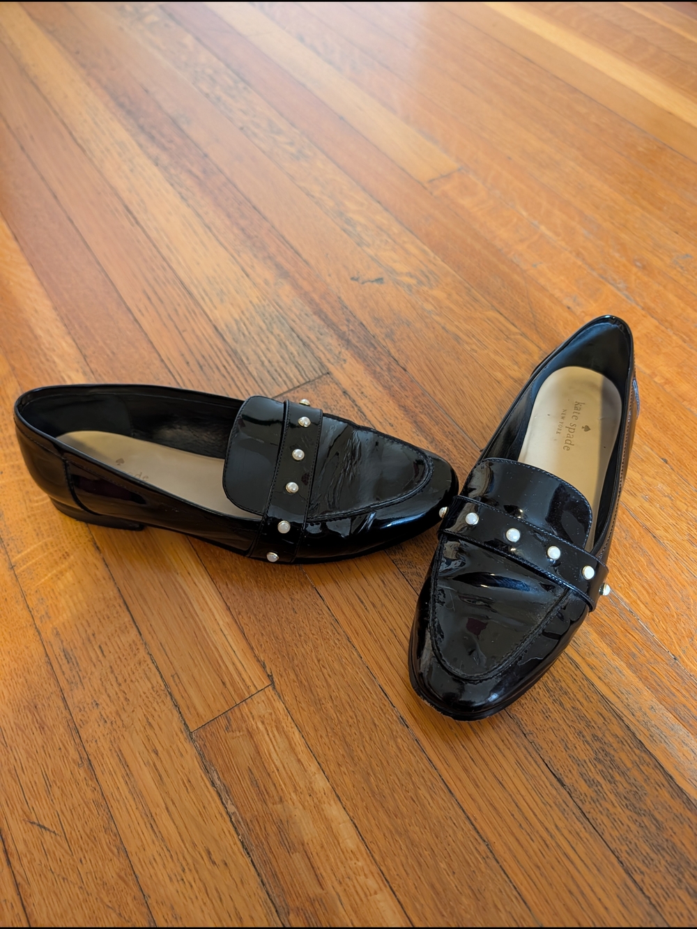 Kate Spade Black Patent Leather Pearl-Accent Loafers - Women's Size 9